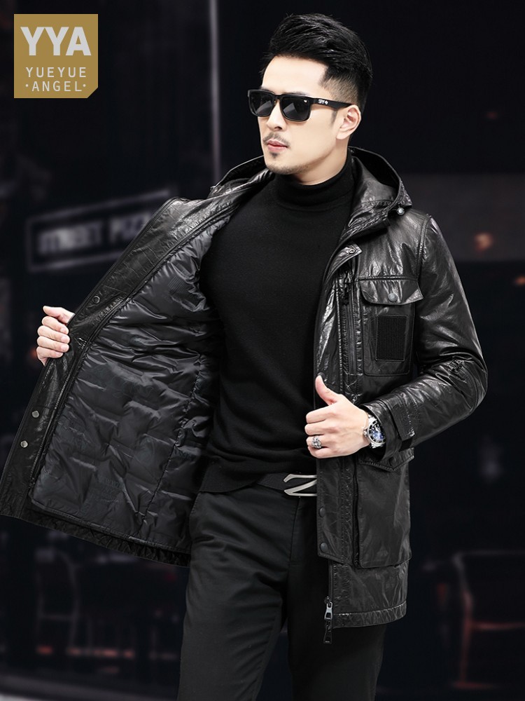 Leather Work Jacket With Hood - 남성용 겨울 따뜻한 중간 길이 오일