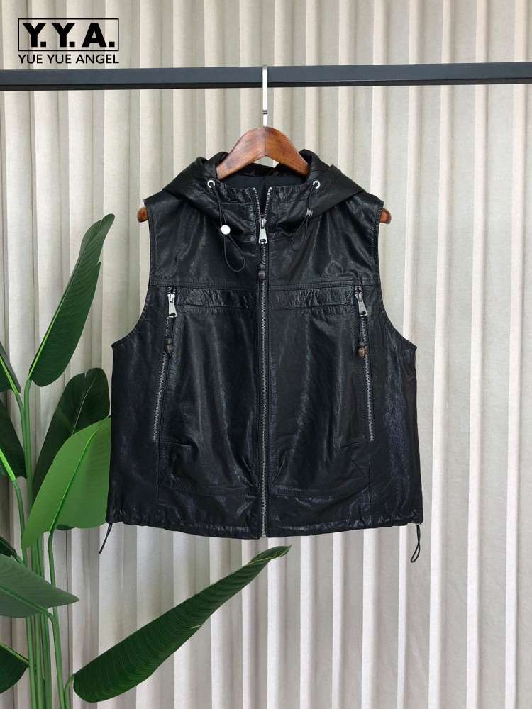 Leather Work Jacket With Hood - 여성 캐주얼 천연 가죽 후드 조끼