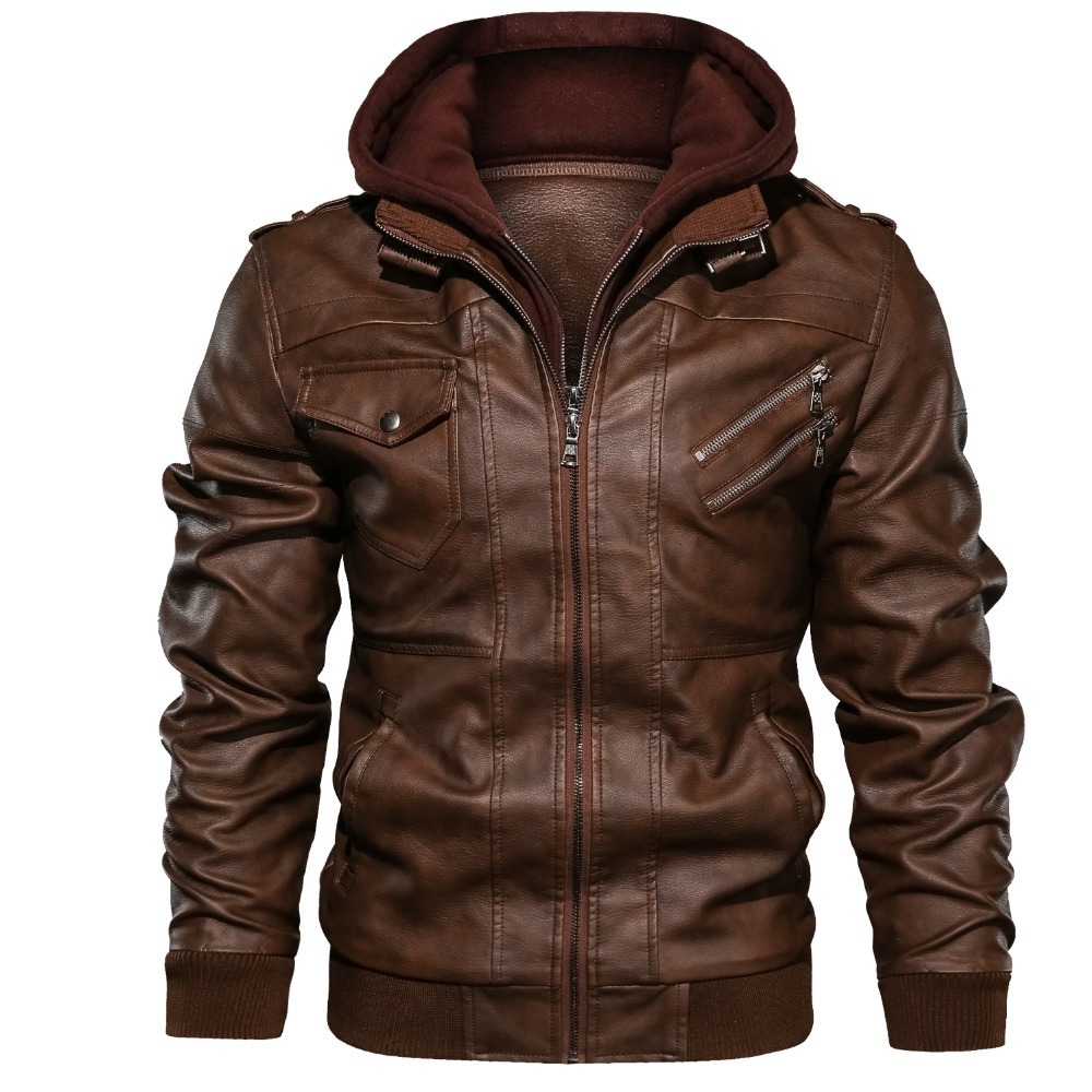 Leather Work Jacket With Hood - 남성 후드 코트 PU 재킷 지퍼
