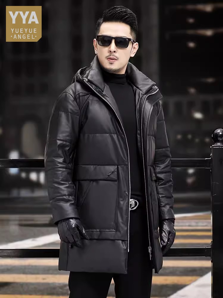 Leather Work Jacket With Hood - 겨울 남성 두꺼운 따뜻한 흰색 거위