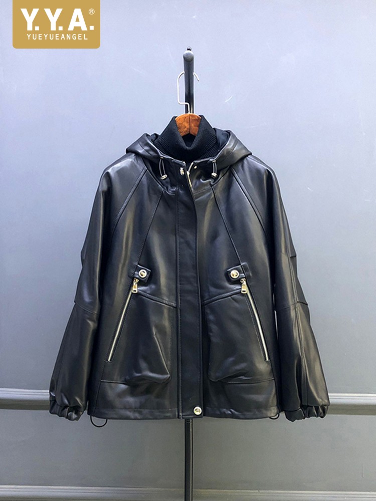 뜨거운 판매 가을 여성 천연 양가죽 후드 짧은 재킷 오 - Leather Work Jacket With Hood 리뷰 및 가격