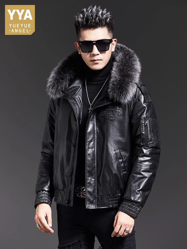 패션 남성용 겨울 폭스 퍼 칼라 후드 양가죽 진짜 가죽 - Leather Work Jacket With Hood 리뷰 및 가격